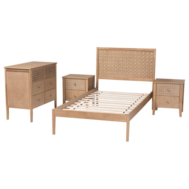 Baxton Studio Lara Twin 4-Piece Bedroom Set - Modern Wood Bed Frame with Matching Nightstands and Dresser, Decorative Laser-Cut Overlay