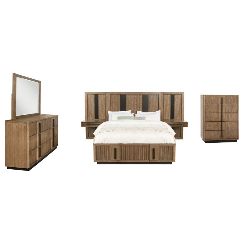 Reon 6pc Queen Storage Bedroom Set, Black, Ash Brown Fluted Wall Panel