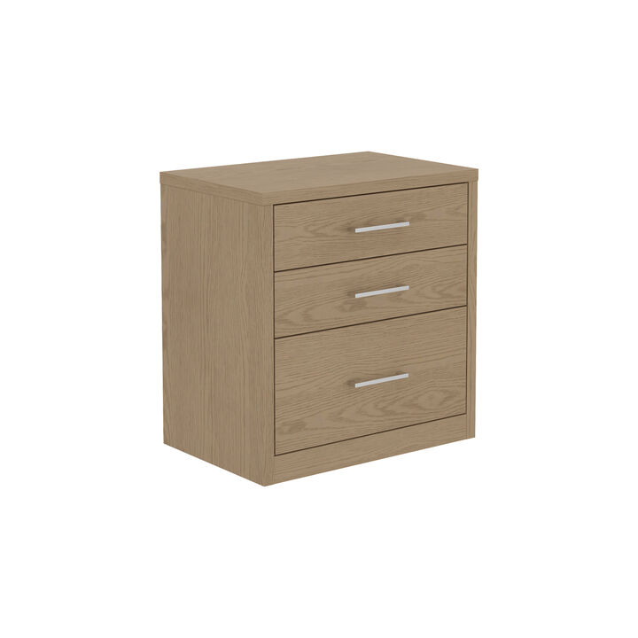 FUFU&GAGA Thickened 3-Drawer Nightstand with Hidden Storage, Bedside Table & Desk Side Cabinet, Textured Wood Grain, Silver Metal Brushed Handles (24.8 in. W x 23.6 in. D x 15.7 in. H), Khaki Brown