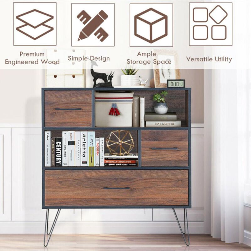 Hivvago 3-Tier Wood Storage Cabinet with Drawers and 4 Metal Legs