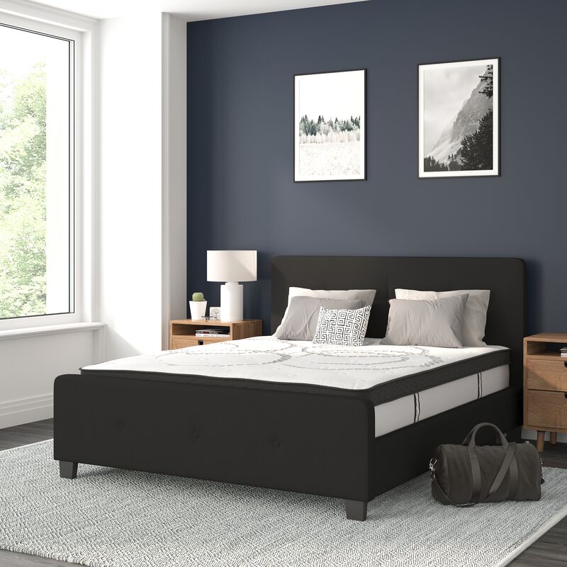 Tribeca Queen Size Tufted Upholstered Platform Bed in Black Fabric with 10 Inch CertiPUR-US Certified Pocket Spring Mattress