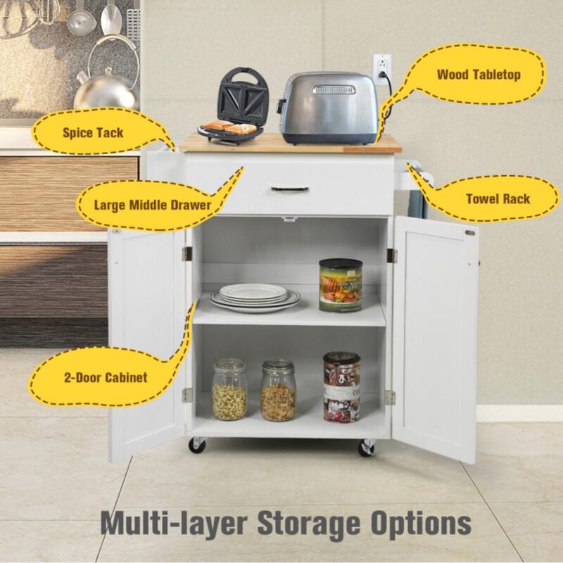Hivvago Utility Rolling Storage Cabinet Kitchen Island Cart with Spice Rack-White