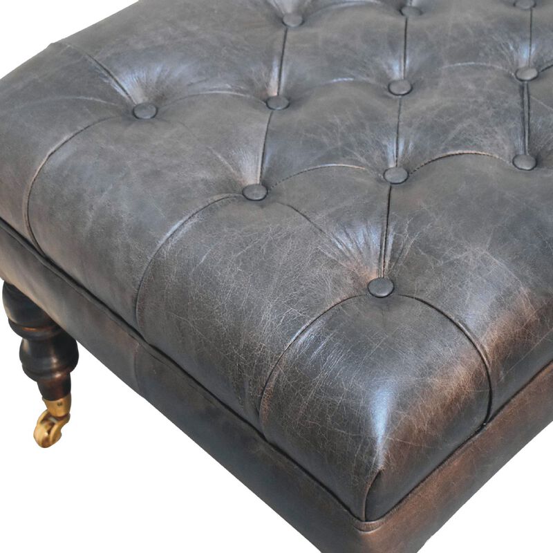Artisan Furniture Solid Wood Buffalo Ash Black Leather Ottoman with Castor Legs