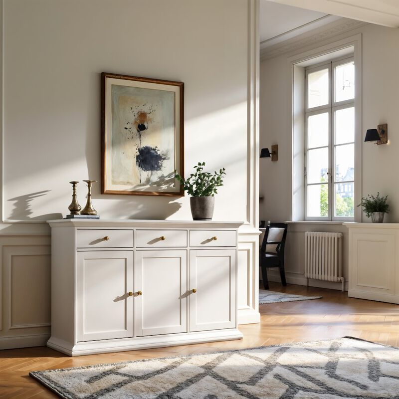 FurniFact White Buffet Cabinet - Modern Living Room Cabinet with Storage and Drawers