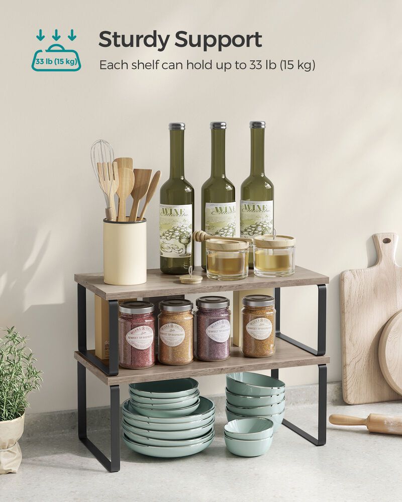 Set of 2 Cabinet Shelf Organizers Stackable, Expandable Metal and Bamboo Kitchen Counter Shelves