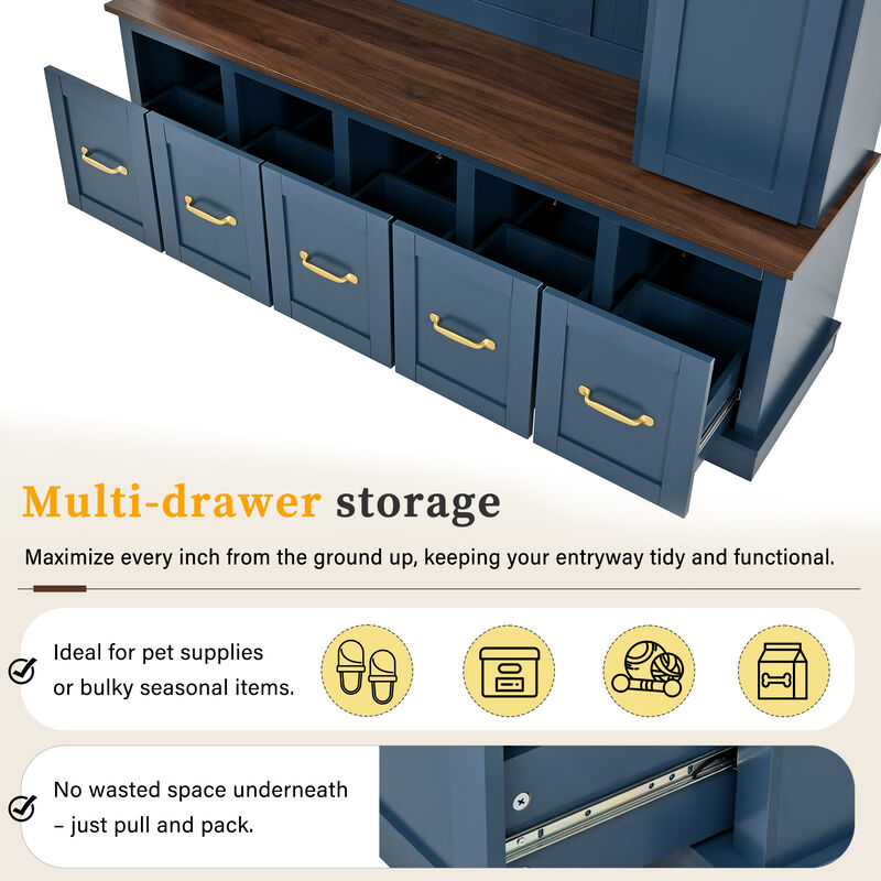 Merax 4-in-1 Entryway Hall Tree with Storage Bench, Hanging Hooks, Open Cubbies & Drawers image number 7