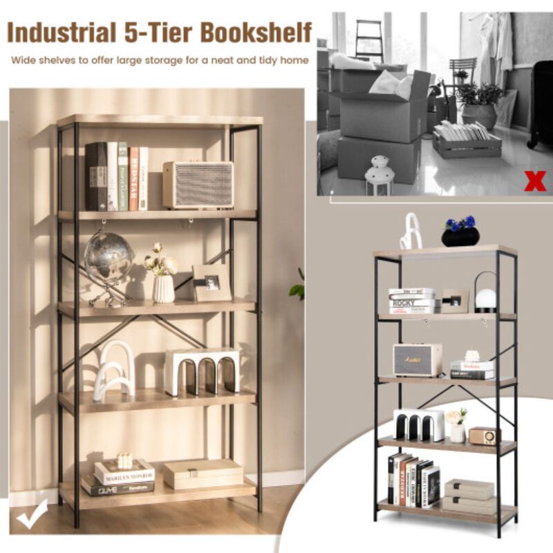 5-Tier Industrial Bookshelf Display Storage Rack with Metal Frame