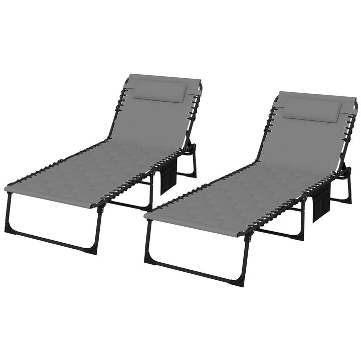 Outsunny Folding Chaise Lounge Set with 5-level Reclining Back, Outdoor Lounge Chairs with Build-in Padded Seat, Outdoor Tanning Chairs with Side Pocket, Headrest for Beach, Yard, Patio, Gray