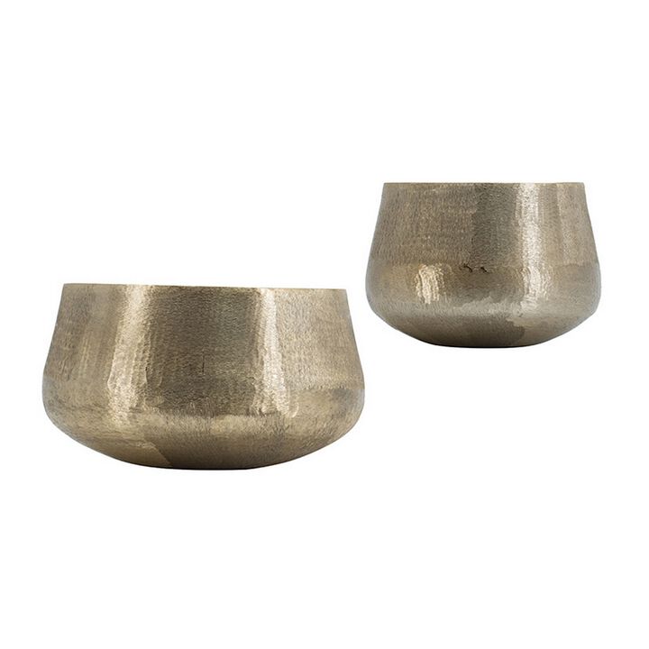 Set of 2 Metal Bowls, Seude Gold Finish, Curved Shape, Streaked Texture - Benzara