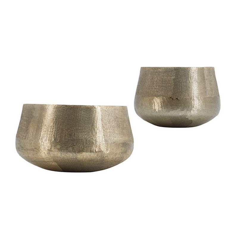 Set of 2 Metal Bowls, Seude Gold Finish, Curved Shape, Streaked Texture - Benzara
