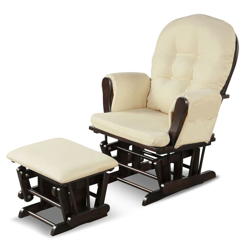 Wood Glider and Ottoman Set with Padded Armrests and Detachable Cushion