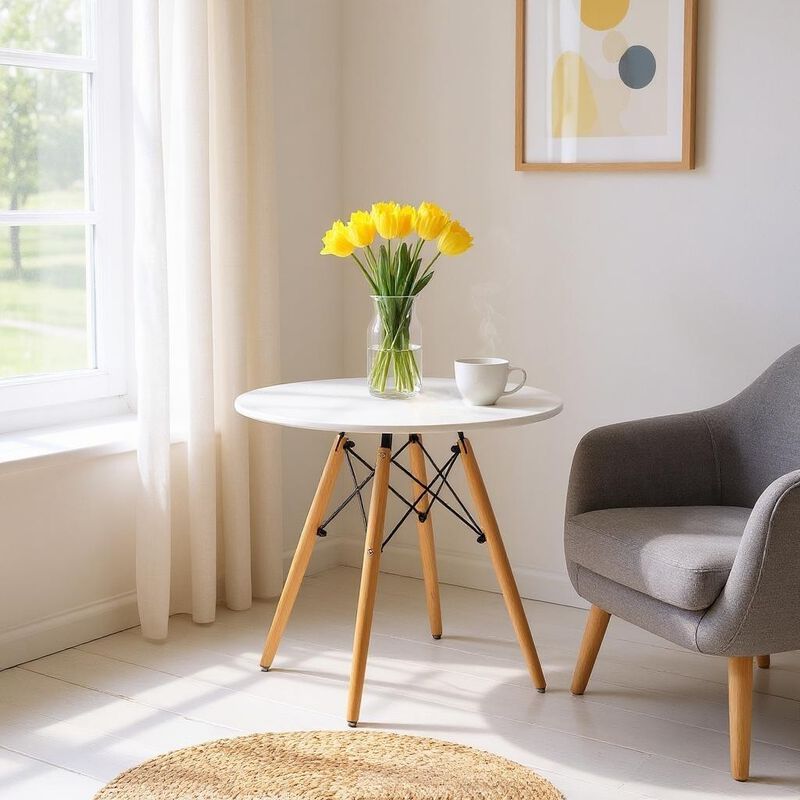 Round Dining Table with Fiberglass Top and Solid Wood Base