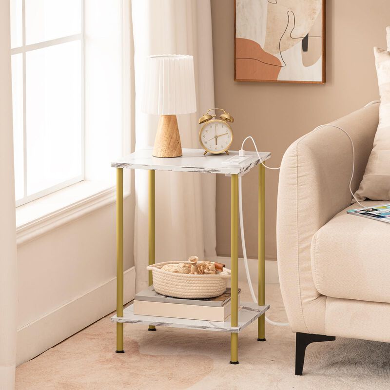 HOOBRO Side Table with Charging Station, End Table with USB Ports and Outlet, Nightstand with 2-Layer Storage Shelves for Small