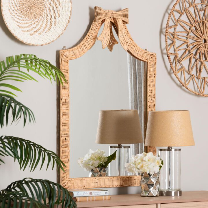 bali & pari Creusa Natural Rattan Wall Mirror - Handwoven Arched Mirror with Scalloped Corners and Bow Accent, Artistic Decor with Boho Coastal Style
