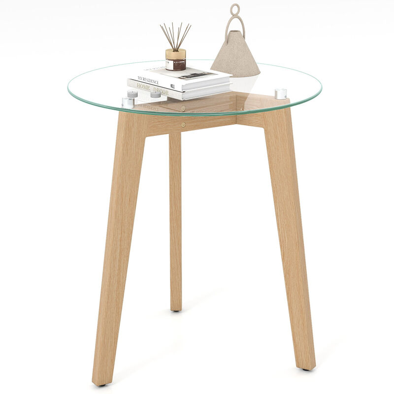 Modern Round End Table with Tempered Glass Top and Rubber Wood Base image number 3