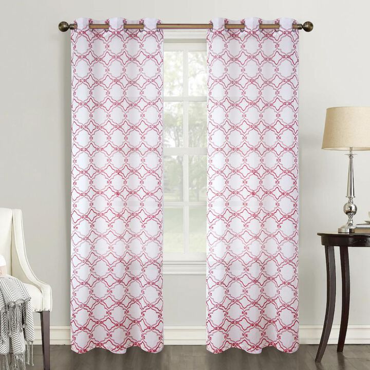 Olivia Gray Delray Quatrefoil Embroidered Single Grommet Curtain Panel Pair - 54x84", Red/White