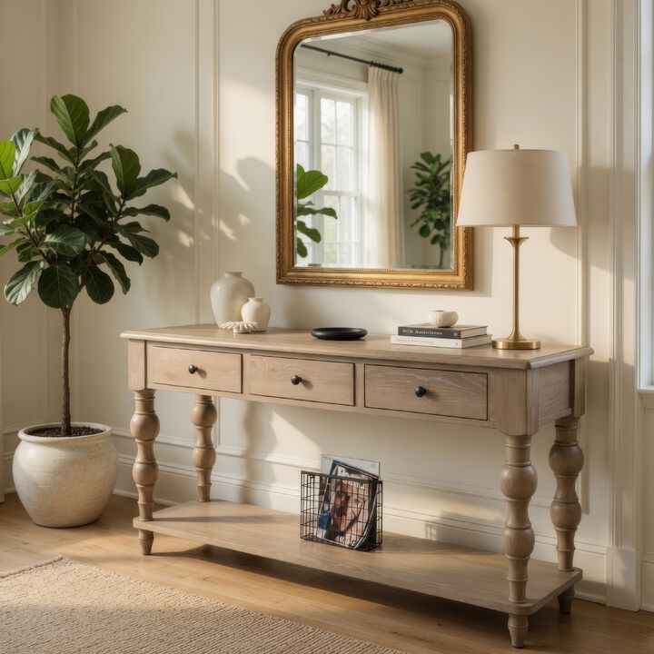 Cherie Sofa Table, 3 Drawers, Shelf, Light White Washed Wood, 64 Inch