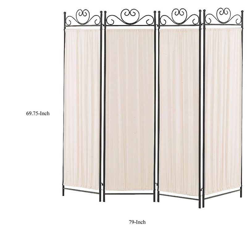 Folding Screen with Metal Frame & Gathered Fabric Panels, Black And White-Benzara