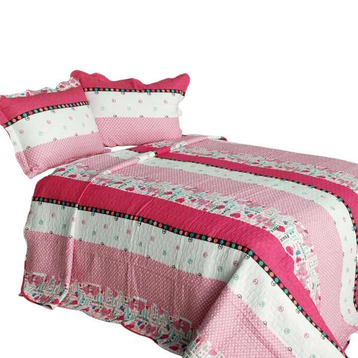 3-Piece Cotton Vermicelli Quilted Striped Printed Quilt Set with Matching Shams