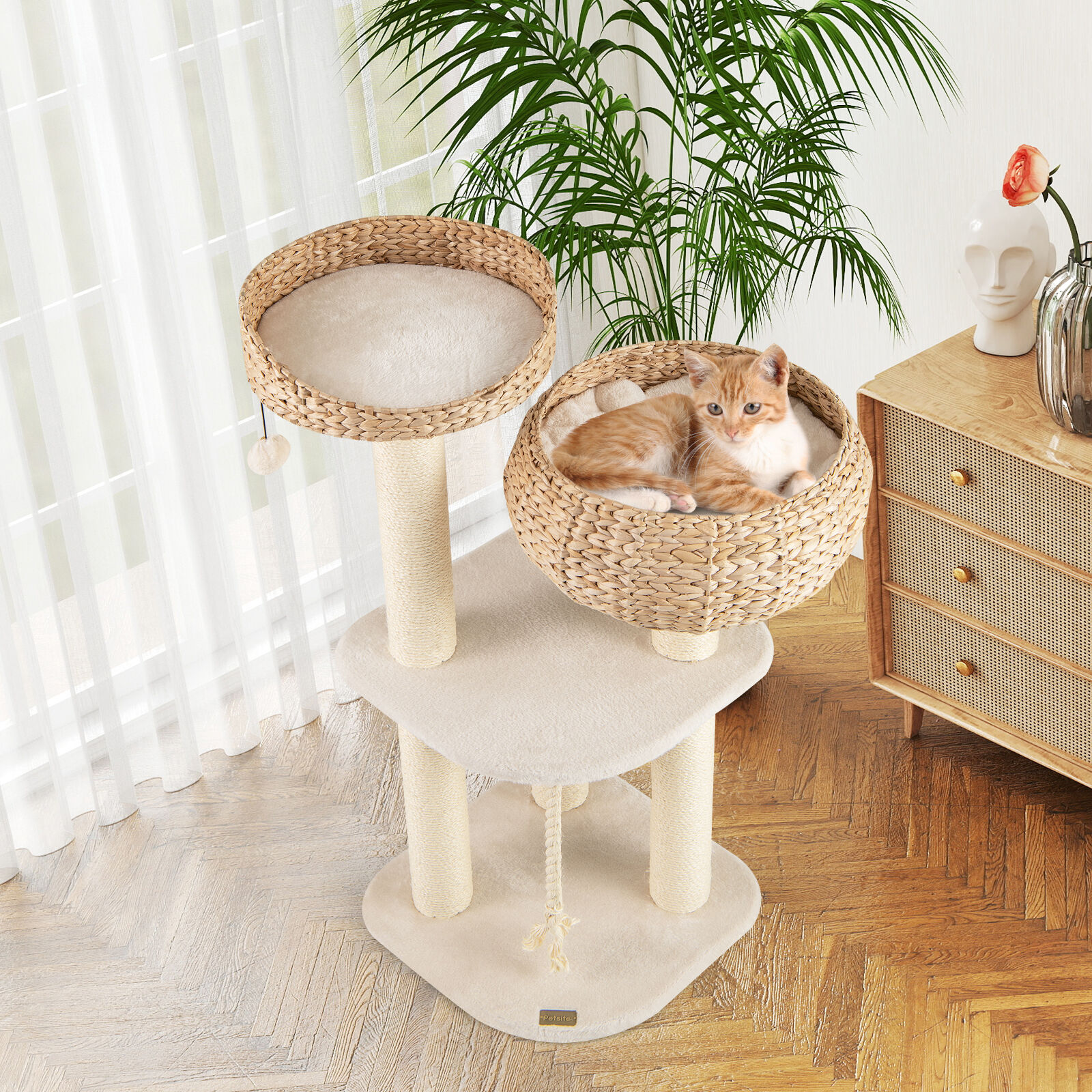 Modern Rattan Cat Tree with Elevated Napping Perch - Stylish Cat