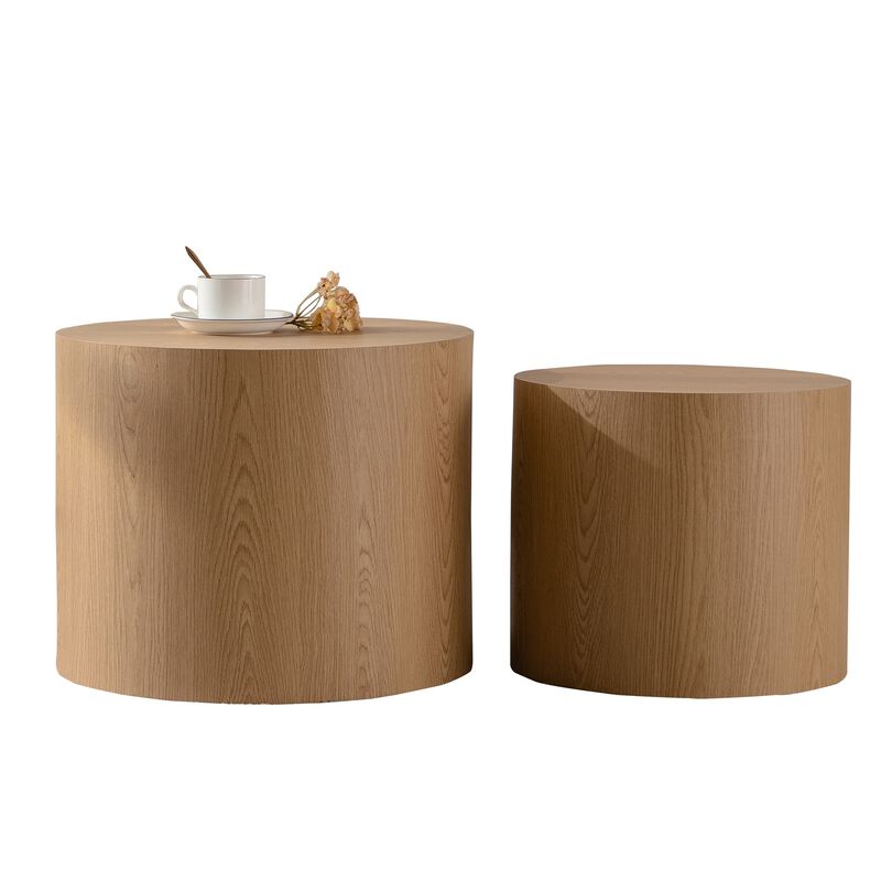 Modern Round Drum Nesting Coffee Table Set of 2, Wooden Cylinder Coffee Tables for Living Room, Space-Saving Design image number 0