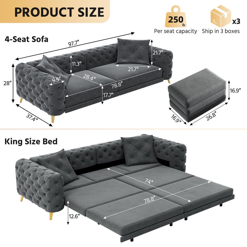 Whisen 97.7" 4-Seat Convertible Sleeper Sofa, Velvet 3-in-1 with Ottoman for Apartment Office image number 9