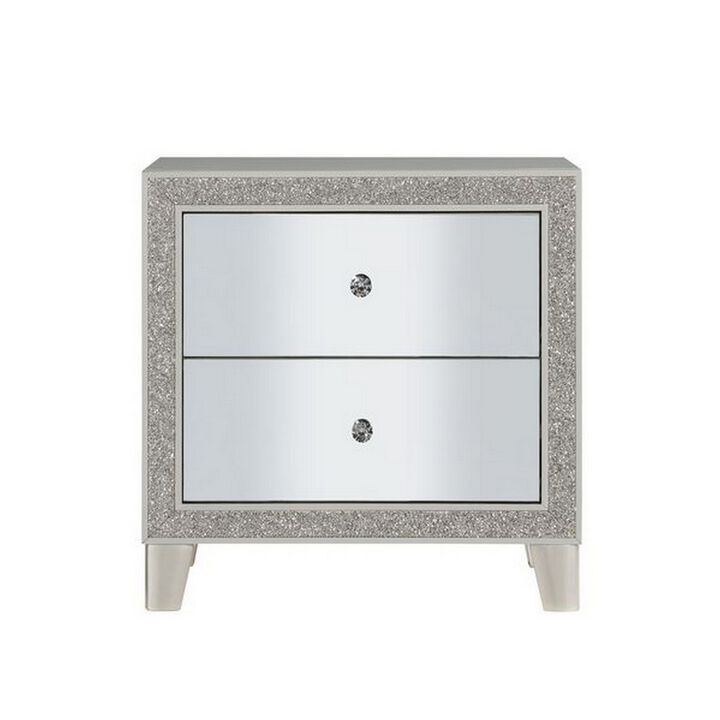 Nightstand with Mirrored Front 2 Drawers, Champagne Silver-Benzara