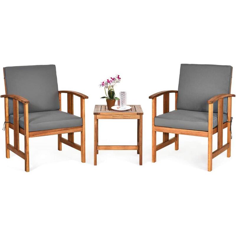 Hivvago 3-Piece Solid Wood Outdoor Patio Furniture Chairs Table Set with Grey Cushions