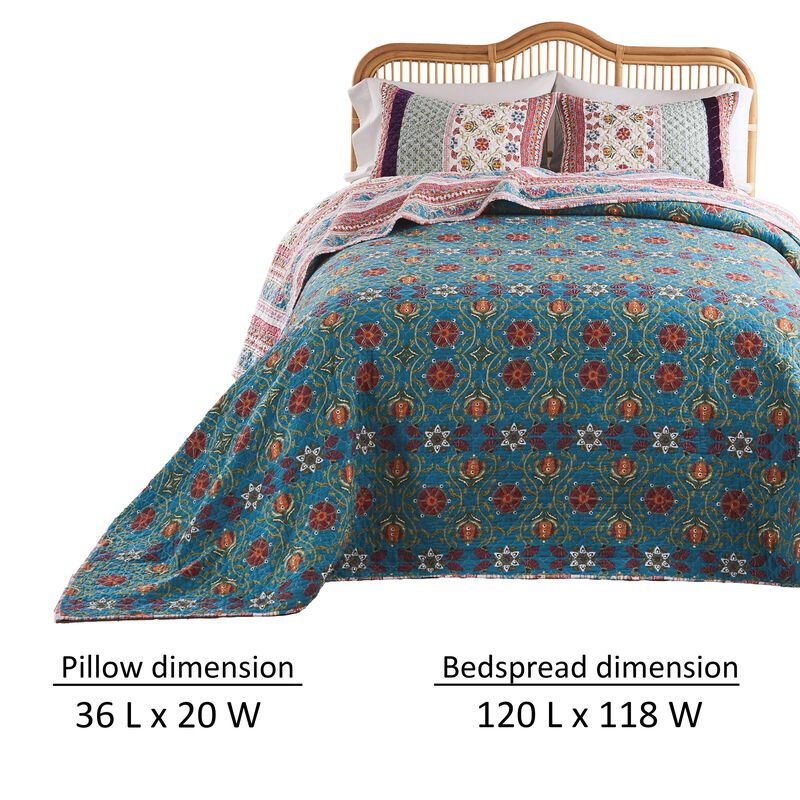 Ello 3pc King Bedspread and Pillow Sham Set, Red Blue Bohemian Stripes - Benzara