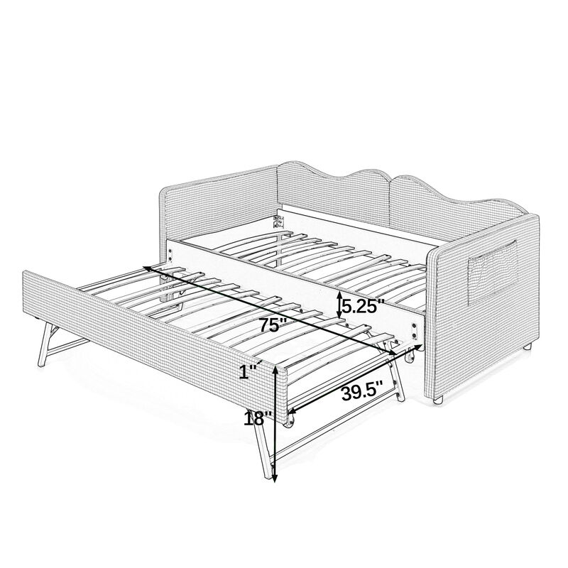 Merax Gingham Daybed with Trundle & Guardrails &ndash; Solid Wood Frame, Side Storage Pocket image number 5