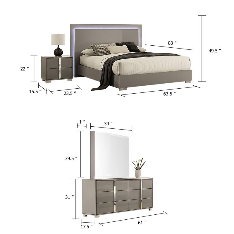 Suni 5pc Queen Bedroom Set w LED Headboard, Light Taupe Gray, 2 Nightstand image number 5