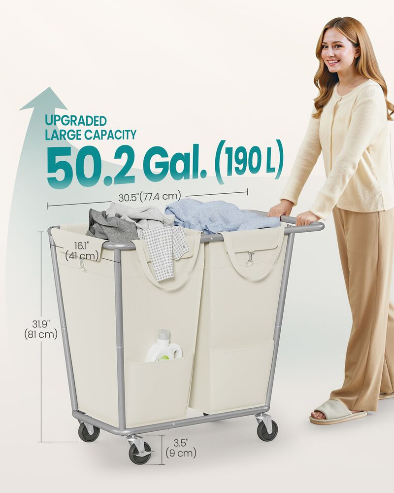 Large Rolling Laundry Hamper 50.2 Gal 2 Compartment Cream White image number 2