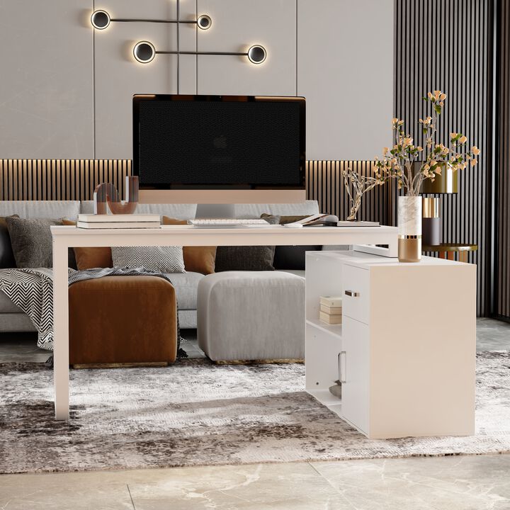 55.1" W : "L" Shape Wooden Computer Desk White Finish with 1-Drawer, Open Shelves and Eco-Friendly Finish