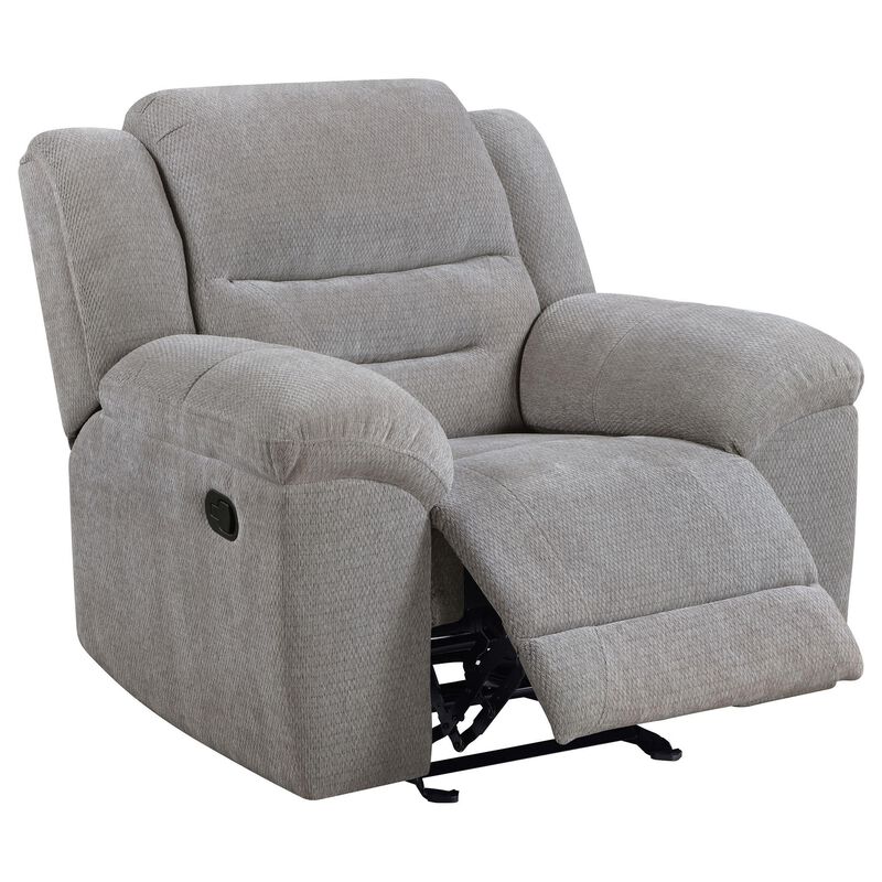 Gilo Manual Glider Recliner Armchair, 46 Inch Light Gray, Pillow Top - Benzara