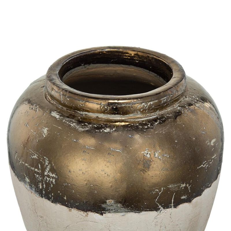 HomeRoots 11" Antiqued Bronze And Light Gray Color Block Ceramic Round Table Vase image number 3