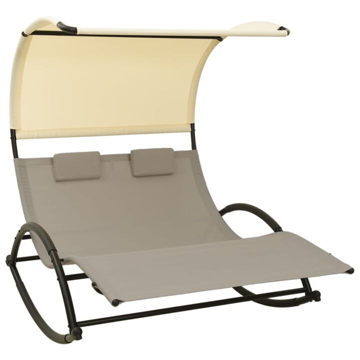 vidaXL Double Sun Lounger with Canopy - Outdoor Sunbed in Taupe and Cream, Breathable Textilene Fabric, Robust Steel Frame with UV-Protection Canopy