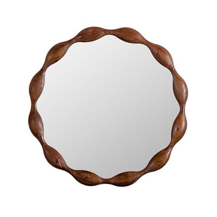 32.28"Solid Wood Round Mirror, Rustic Farmhouse Wavy Irregular Decorative Wall Mirror-Large Circle Wood Frame Mirror