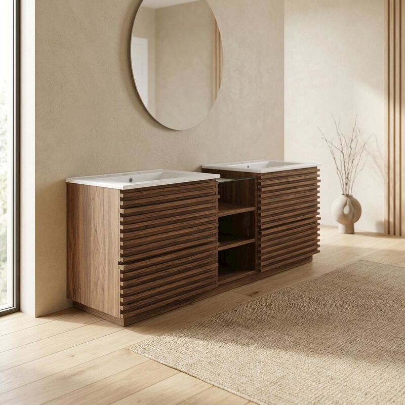 Walnut White 62-Inch Wall-Mount Double Sink Bathroom Vanity image number 4