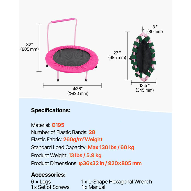 Foldable Kids Trampoline with Safety Handle, Outdoor Rebounder for Boys and Girls-Pink image number 2