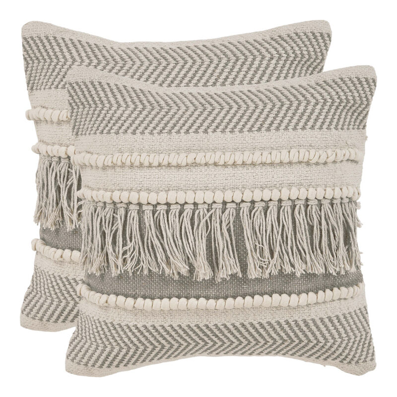 HomeRoots Set of Two Beige Striped Cotton Throw Pillow With Fringe image number 0