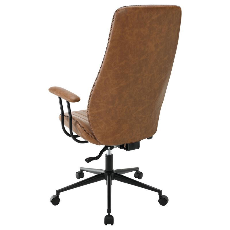 Anie Adjustable Desk Chair, Rolling Base, Brown Tufted Faux Leather - Benzara