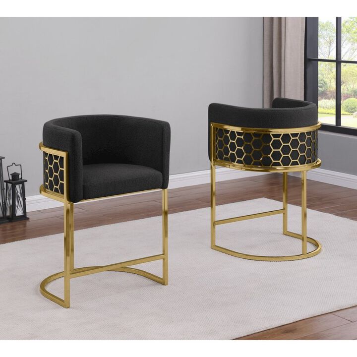 Best Quality Furniture Honeycomb back barrel chair in Black with gold base, Set of 2
