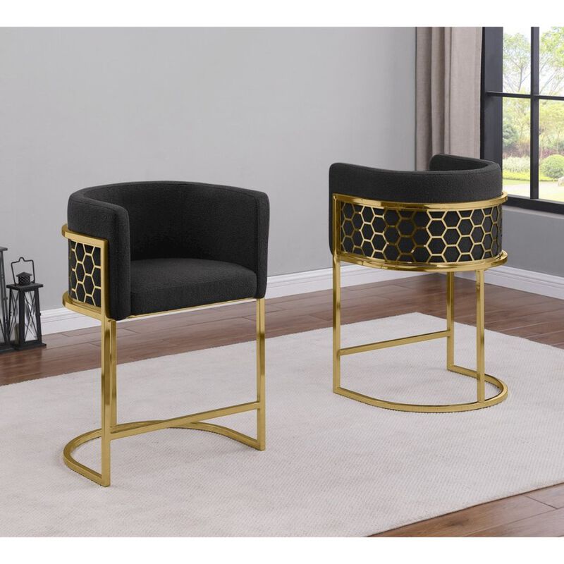 Best Quality Furniture Honeycomb back barrel chair in Black with gold base, Set of 2 image number 1