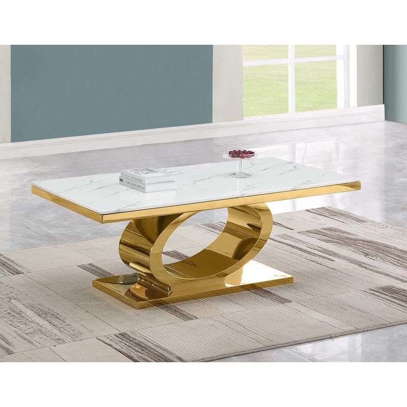Best Quality Furniture White marble top coffee table with gold color base