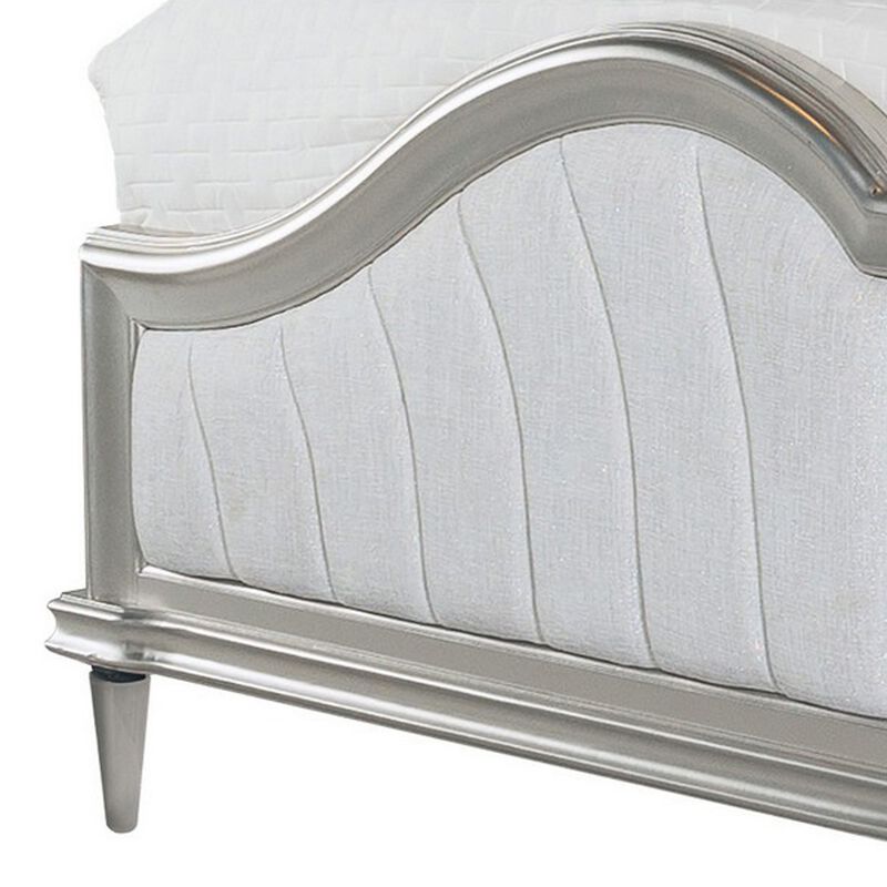 Nive Queen Bed, Oak Wood, Double Arched Upholstered Headboard, Ivory Silver - Benzara