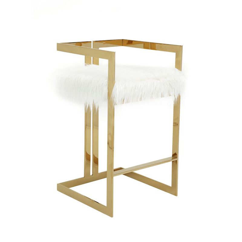 Pangea Home Kenzie Bar Stool Gold/White Faux Fur