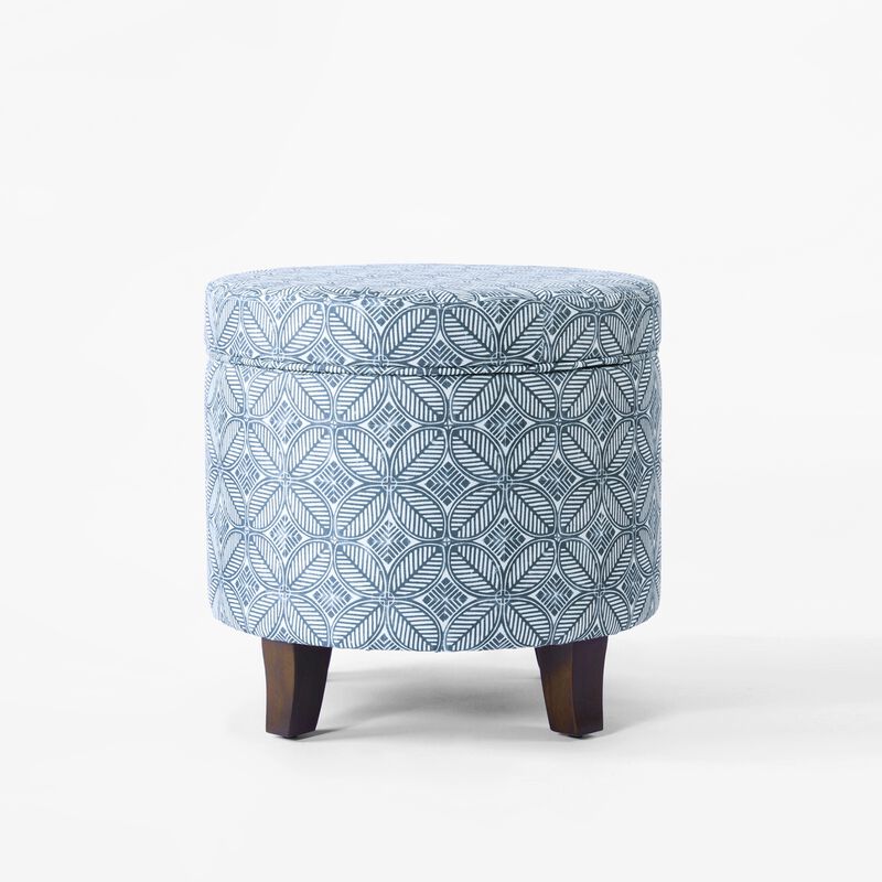 Loni Round Storage Ottoman, 19 Inch Indigo Blue Pattern, Walnut Brown image number 2