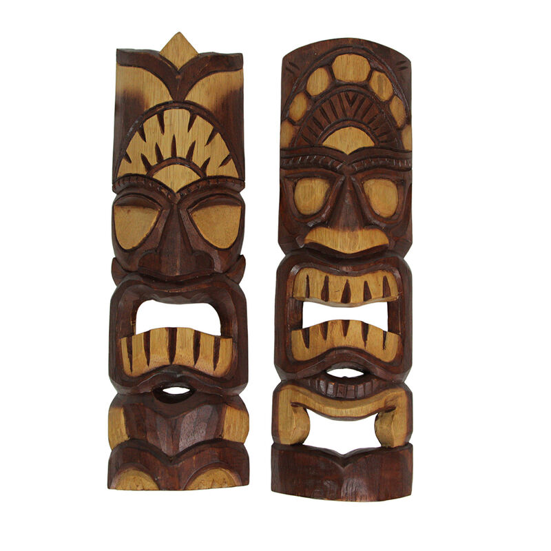 Carved Natural Stained Wood Polynesian Style Tiki Wall Hanging Masks 20 inch image number 0