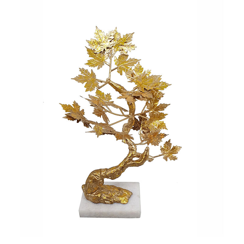 17 Inch Maple Tree Accent Decor with Leaves, Metal on a Marble Base, Gold-Benzara