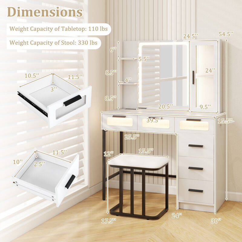Makeup Vanity Desk with 3-Color Induction LED Lights and 6 Drawers-White